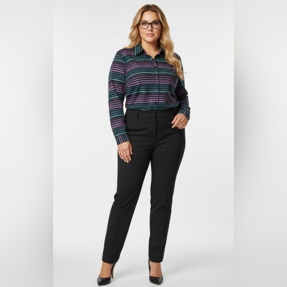 Coldwater Creek Striped Button-Down Shirt in Teal, Purple & Black